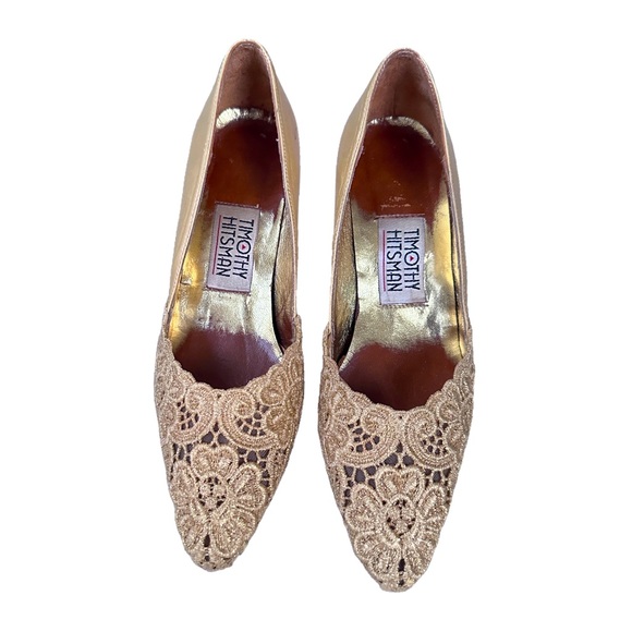 Timothy Hitsman Vintage Gold Lace Pointy Toe Pumps Size 6M - Picture 4 of 7